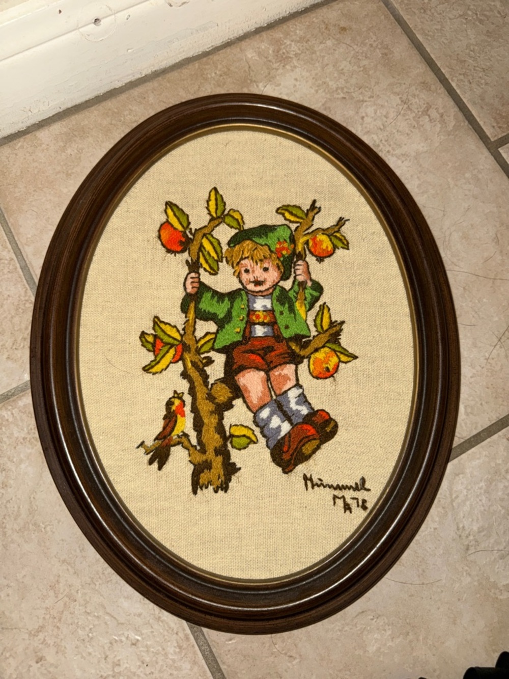 Large Framed Vintage Embroidered Hummel Boy in Apple Tree Wall Art - 14x9 inches